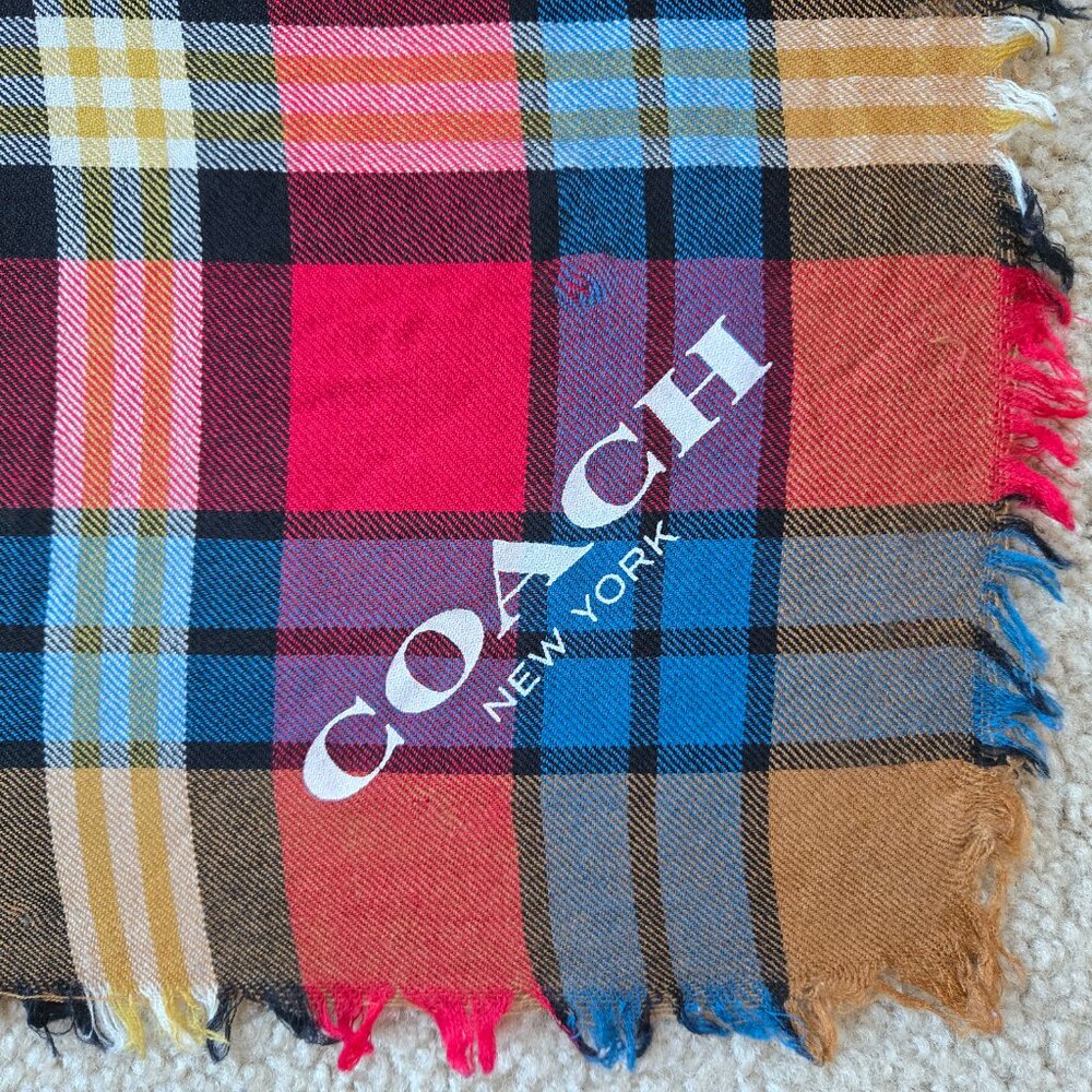 Coach 100% Wool Colorful Plaid Square Scarf - Picture 2 of 11